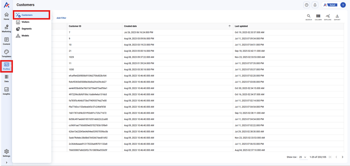 Navigate to Profiles > Customers