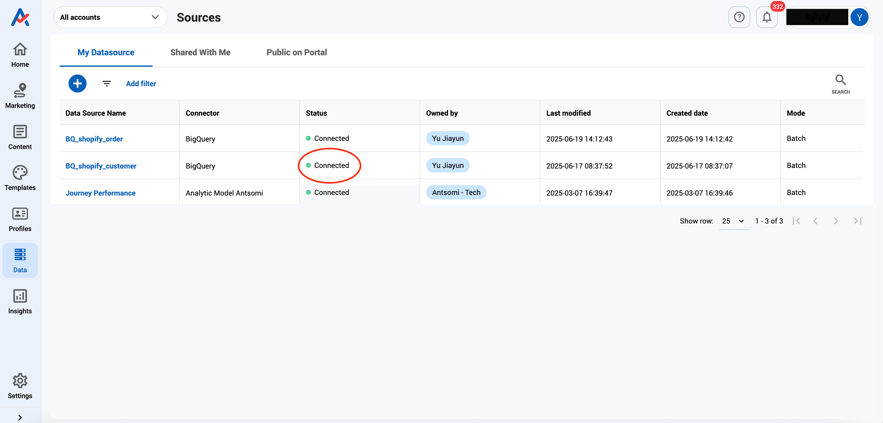 Connection status connected
